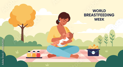 A mother breastfeeding her newborn baby while sitting outdoors on a blanket.