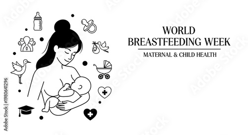 Line art illustration of a mother breastfeeding her newborn baby.