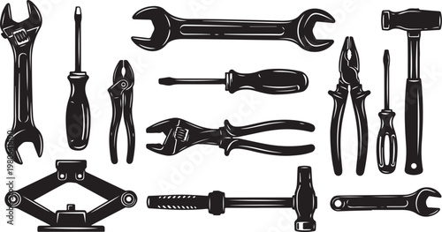 Collection of various black tools on white background illustration