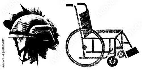 Halftone illustrated helmet with spiky texture and wheelchair with textured, vector graphic, isolated symbols, combat gear and accessibility equipment.