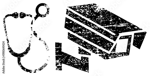 Medical stethoscope and surveillance camera graphic, distressed black, healthcare and security symbols, stylized vector design, security monitoring, medical diagnosis.