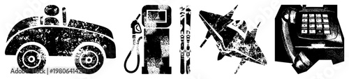Retro style classic car, fuel station, winter gear, military jet, old phone. Grunge texture,, symbolic representation.