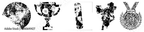 Fragmented halftone trophy, medal, and award, vector cutouts, black and white, isolated symbols, achievement graphics, stylized recognition motifs.
