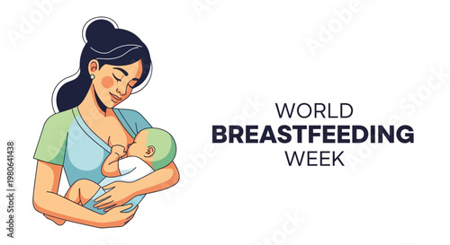 A mother gently breastfeeding her newborn baby illustration.