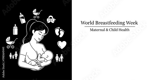 Line art illustration of a mother breastfeeding her baby.