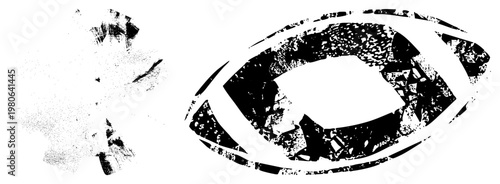 Stylized eye and leaf forms rendered in broken halftone texture, vector graphic, isolated foreground, gritty, artistic abstract composition.