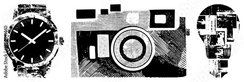 Retro watch with minimalist dial, vintage film camera with lens and dials, stylized lightbulb, all rendered in halftone, vector graphic,.