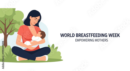 Illustration of a mother breastfeeding her newborn baby in a peaceful outdoor setting.