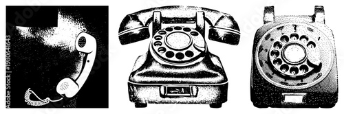 Classic rotary phone, vintage communication device, analog dialer, retro telephone, black and white halftone illustration, mid century design.