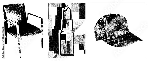 Graphic vector of chair, lipstick, cap rendered in halftone dot texture, abstract geometric shapes, black and white, isolated foreground elements.