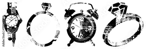 Watch, engagement ring, alarm clock, diamond ring stylized black and white vector with distressed texture, urban grit, graphic design elements.