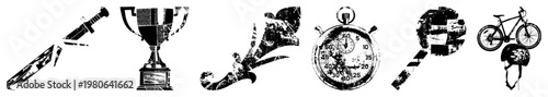 Athletic symbols including sword, trophy, ribbon, stopwatch, magnifying glass, bicycle and helmet, rendered in distressed vector art.