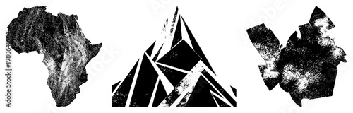 Bold angular forms with halftone shading, graphic design elements, modern art composition, vector art,, abstract shapes.