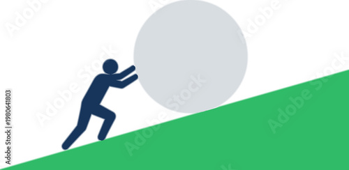 Person pushing large ball uphill in green landscape