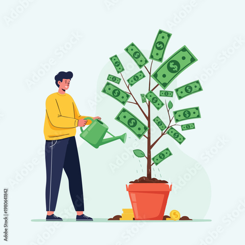 Person Watering Money Tree Plant for Growth and Prosperity