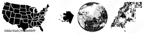 USA, Alaska silhouette, globe map, shattered terrain graphic, geographic shapes, vector cartography, isolated regions.