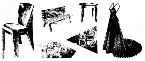 Classic chair, weathered bench, ornate table, textured rug, and formal gown rendered in halftone, vector art, ideal for graphic design projects.