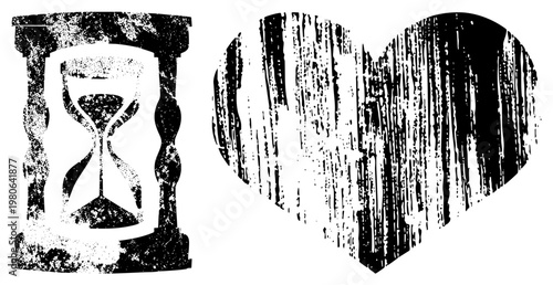 Hourglass measuring time, rustic heart symbol, halftone grit effect, graphic, vintage, distressed vector art.