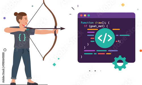 A developer aims a bow and arrow at a coding interface screen.