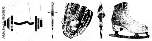 Classic athletic and equipment set, vintage graphic, sports gear symbols, retro stylized tools, vector illustrations.