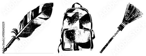 Black and white halftone vector set of writing quill, school backpack, and broomstick, stylized with grainy texture, ideal for or academic themes.