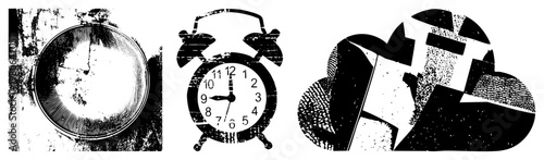 Retro alarm clocks with worn surfaces, stylized clock faces, abstract shapes, graphic design elements, aesthetic.
