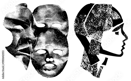 Abstract halftone faces in profile and frontal view, fragmented design, graphic art, dotted shading, stylized human forms, vector illustration.