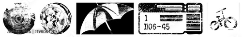 Geometric circular designs with radial textures, stylized umbrella silhouette, vintage ticket mockup, bicycle all in high contrast black and white vector graphics.