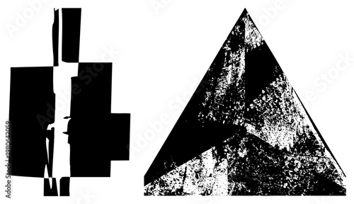 Vector art featuring fragmented black forms, textured, and modular blocks, minimalist design, graphic elements, modern composition.