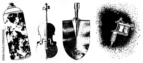 Four distinct black and white vector graffiti spray can, classical violin, garden shovel, tattoo machine. Urban art, music, labor, body art symbols.