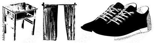 Retro wooden study desk with drawer, textured curtains hanging from rod, classic lace up sneaker with dotted sole detail all rendered in high contrast vector art.