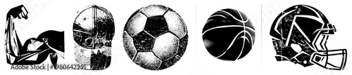 Sport themed vector silhouettes including flexed bicep, baseball cap, soccer ball, basketball, and football helmet, rendered in halftone style with distressed texture.