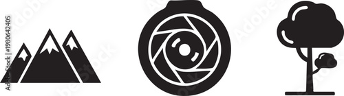 Black icons of mountain, camera lens, and tree, vector graphics