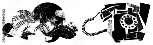 Stylized vintage rotary phone and speaker graphic, halftone texture, vector art, communication symbols, black and white design.