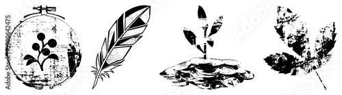 Embroidery hoop holding motif, stylized feather, money plant growing from coins, textured leaf grunge vector, illustration, symbolic motifs.