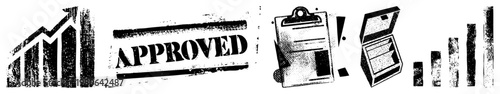 Grungy black and white vector including approved stamp, clipboard, briefcase, and bar graphs, ideal for business documents, presentations, or workflow visuals.