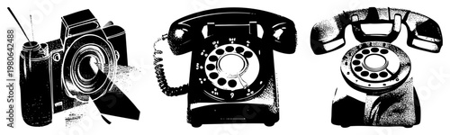 Retro camera with lens flare, rotary telephones with dial pads, halftone style, isolated tech, 20th century communication devices.