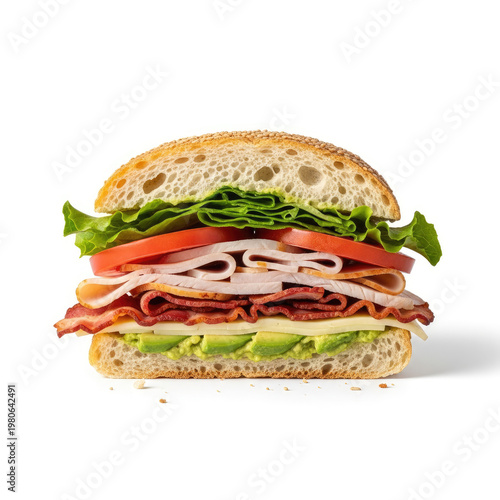 A delicious sandwich with various ingredients on a white background
