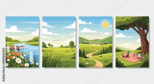 Set of 4 Spring Summer Nature Landscape Vector Illustrations