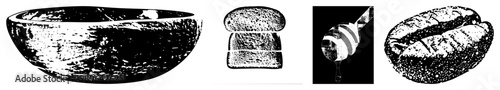 Black and white halftone vector illustrations of food items rustic wooden bowl, sliced bread, honey dipper, coffee bean. Vintage engraved style, isolated foreground elements.