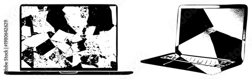 Laptop with shattered screen, fragmented display, broken monitor, digital device damage, tech malfunction, pixelated screen, electronic repair need.