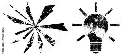 Distressed black vector broken glass and vintage lightbulb,, graphic design elements, isolated symbols, retro texture.