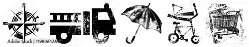 Collection of stylized compass, truck, umbrella, tricycle, shopping cart, all rendered in distressed black vector art. Ideal for retro UI or print design.