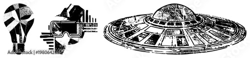 Retro futuristic vector lightbulb symbolizing ideas, VR headset for immersive tech, flying saucer UFO. Graphic design elements in halftone style.
