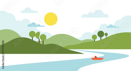 Flat Design Green Hills Landscape with River and Boat Vector Illustration
