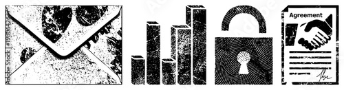 Vintage style business communication symbols love letter envelope, data chart, secure lock, contract agreement. halftone vector for corporate or romantic themes.