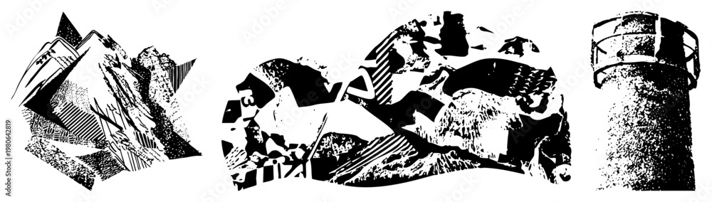 Obraz premium Stylized mountain range with jagged peaks, turbulent sky with cloud motifs, isolated lighthouse structure, all rendered in halftone vector art.