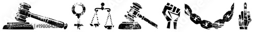 Graphic representing justice,, and resistance gavel, gender symbol, scales, raised fist, chain, middle finger. Bold, distressed vector style.