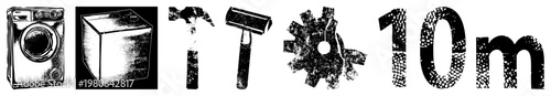 Black and white vector including washing machine, cube, hammer, roller, gear, and text "10m", stylized with halftone texture, isolated elements for design use.