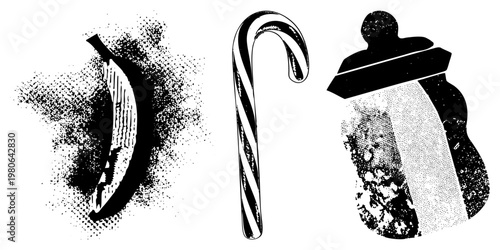 Classic holiday treats rendered in halftone style, candy cane striped candy, sugar jar with lid, festive confectionery, retro graphic design.